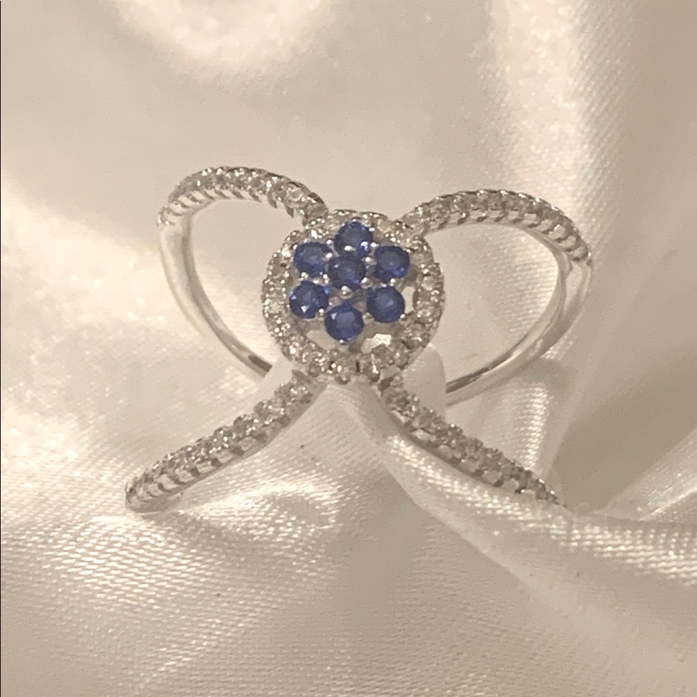 Cubic Zirconia Ring With Simulated Sapphire Center Stones Set In Sterling Silver